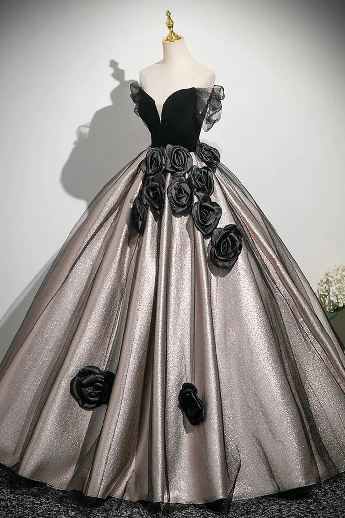Black Velvet and Tulle Long Prom Dress, Black A-Line Party Dress
